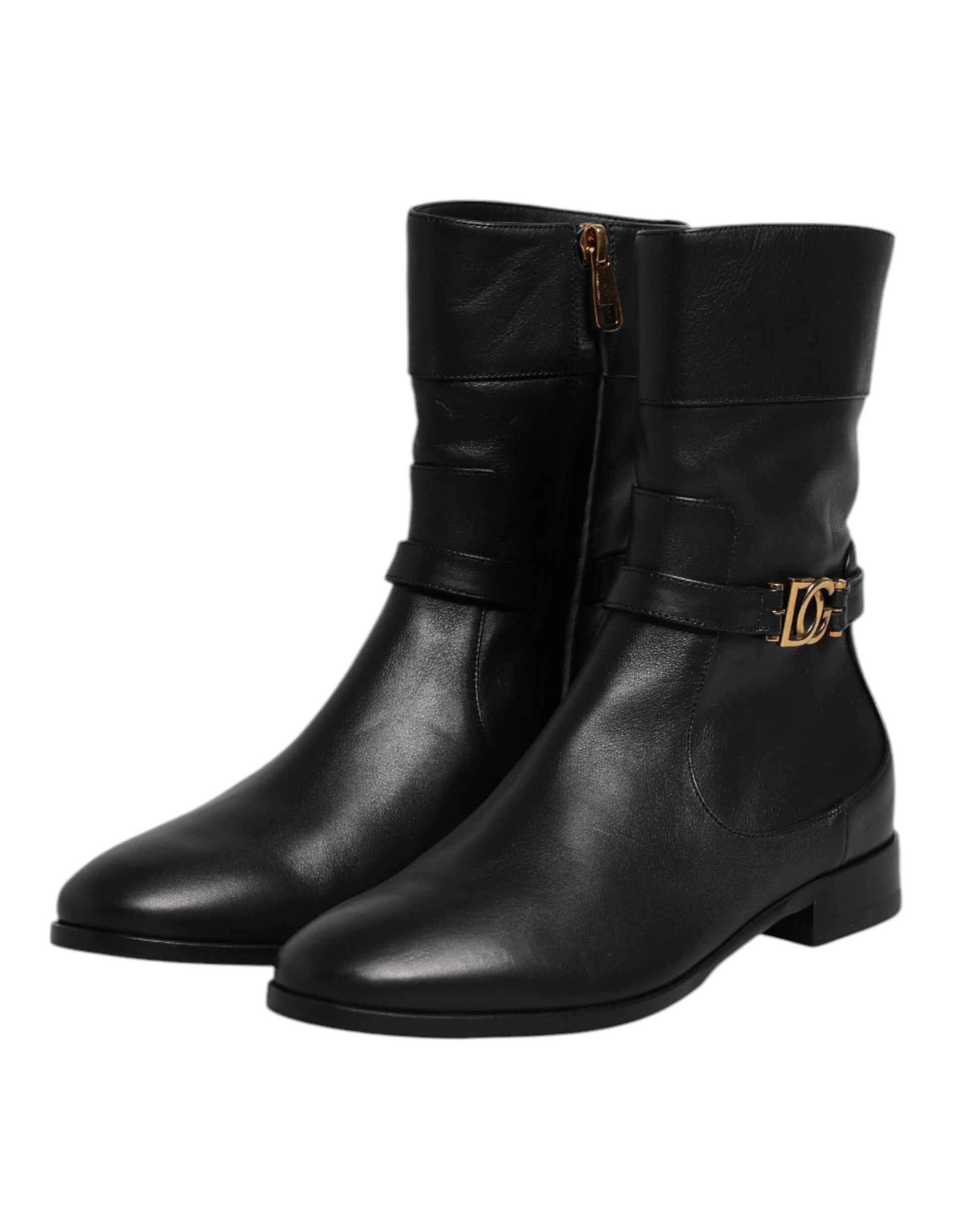 Dolce & Gabbana Black Leather Flats Logo Short Boots