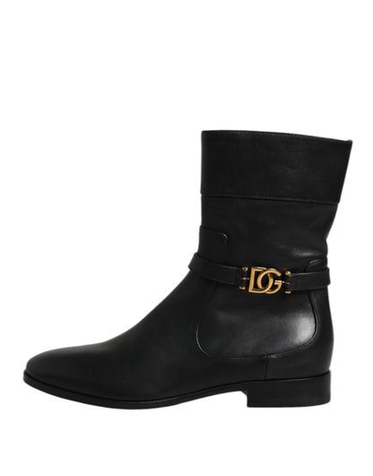 Dolce & Gabbana Black Leather Flats Logo Short Boots
