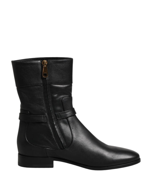 Dolce & Gabbana Black Leather Flats Logo Short Boots