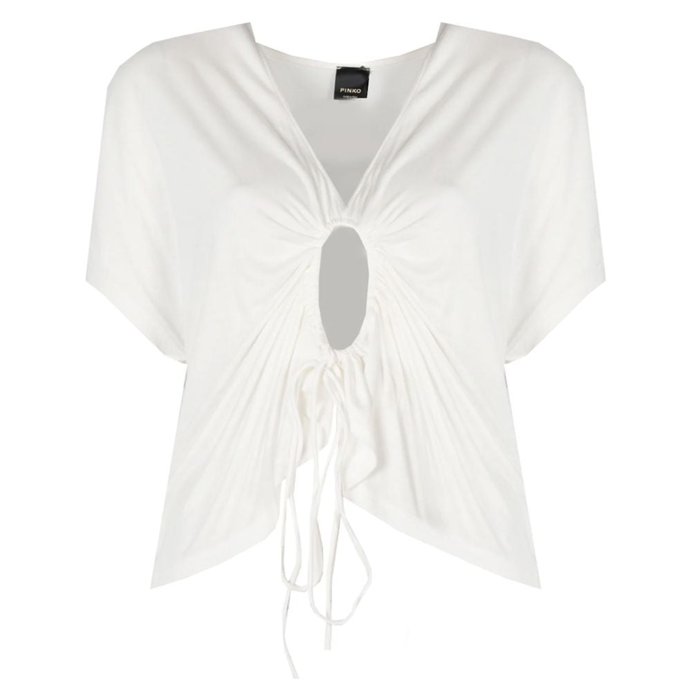 PINKO White Viscose Gathered V-Neck Top