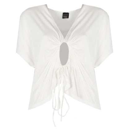 PINKO White Viscose Gathered V-Neck Top