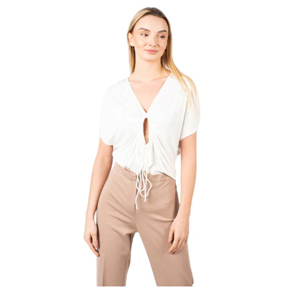PINKO White Viscose Gathered V-Neck Top