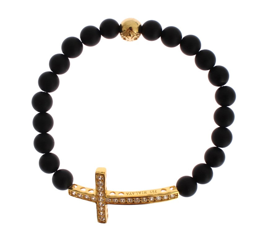  - Chic Matte Onyx Bead & CZ Diamond Cross Bracelet