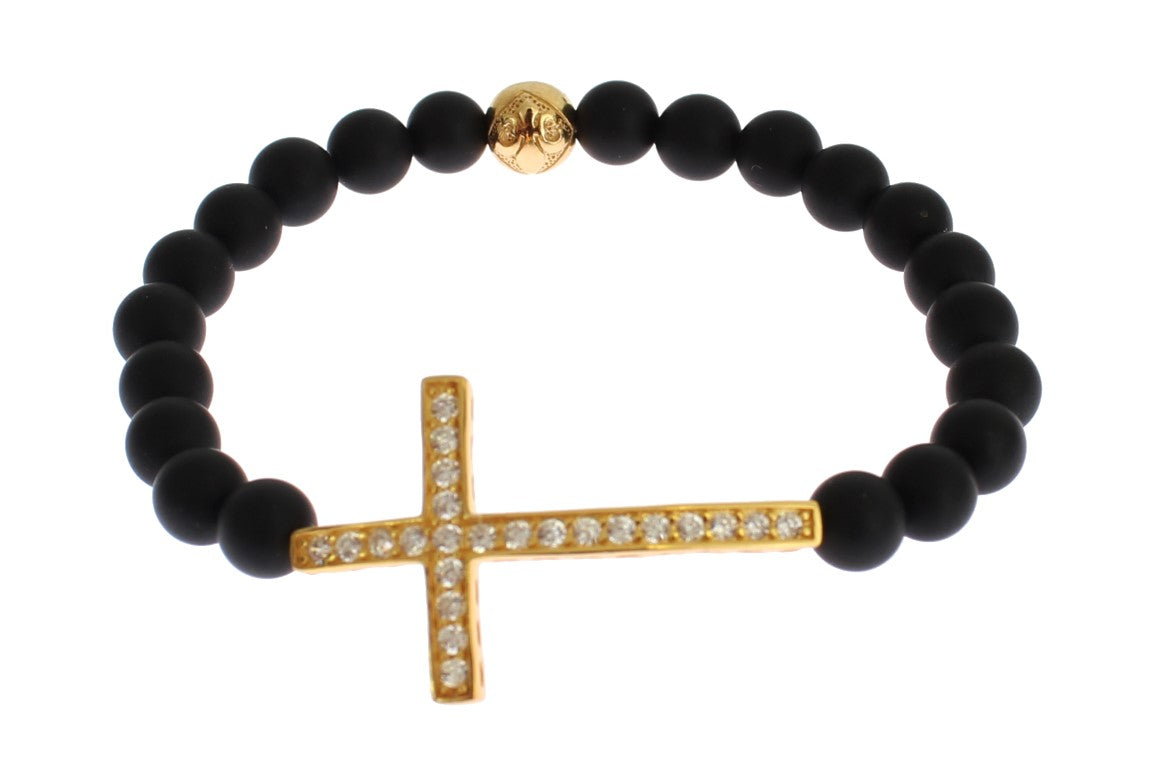  - Chic Matte Onyx Bead & CZ Diamond Cross Bracelet