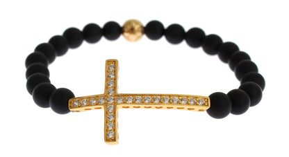  - Chic Matte Onyx Bead & CZ Diamond Cross Bracelet