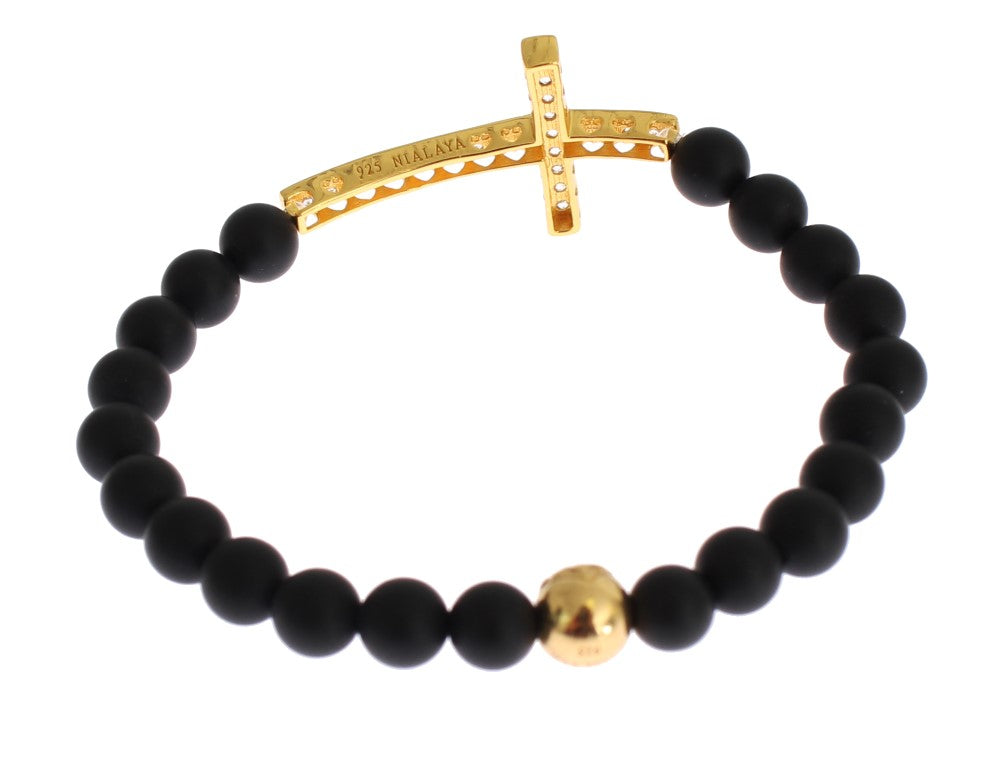  - Chic Matte Onyx Bead & CZ Diamond Cross Bracelet