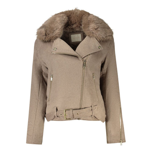 Guess Jeans Beige Cotton Jacket with Removable Fur Collar