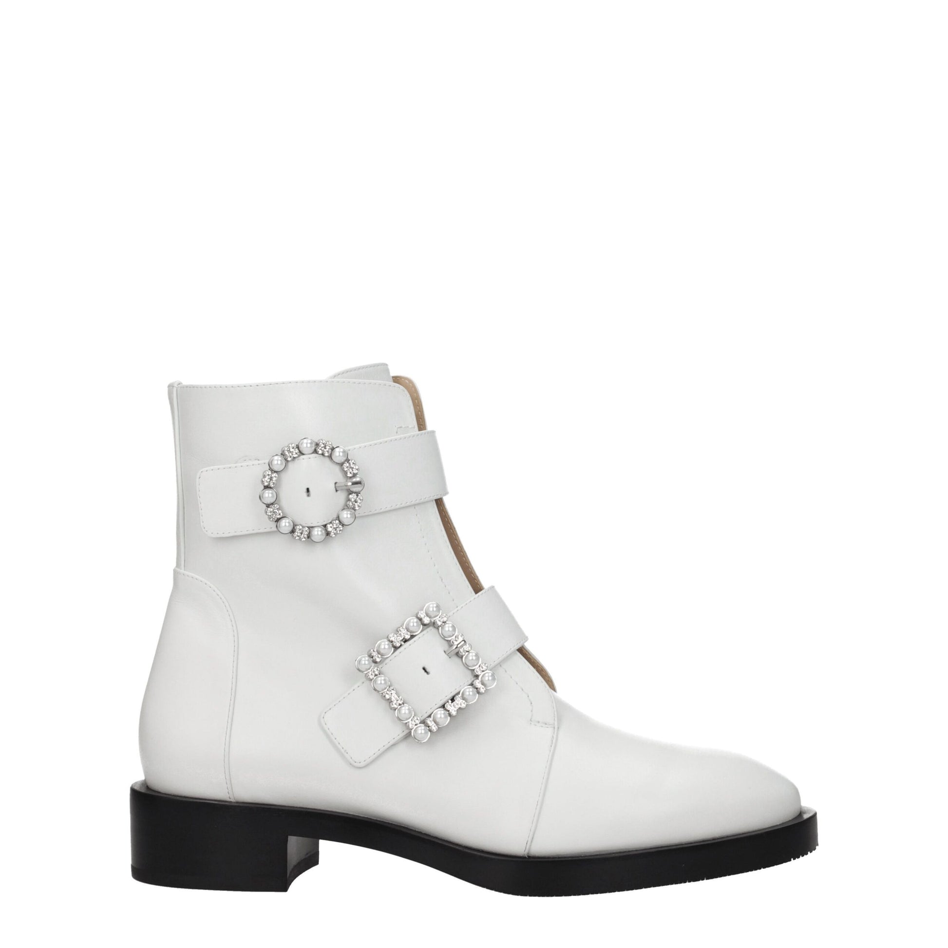 Stuart Weitzman White Leather Ankle Boots with Rhinestone Detail
