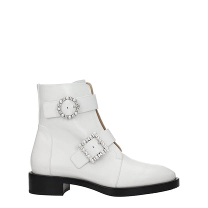 Stuart Weitzman White Leather Ankle Boots with Rhinestone Detail