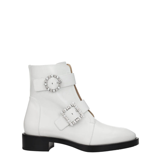 Stuart Weitzman White Leather Ankle Boots with Rhinestone Detail