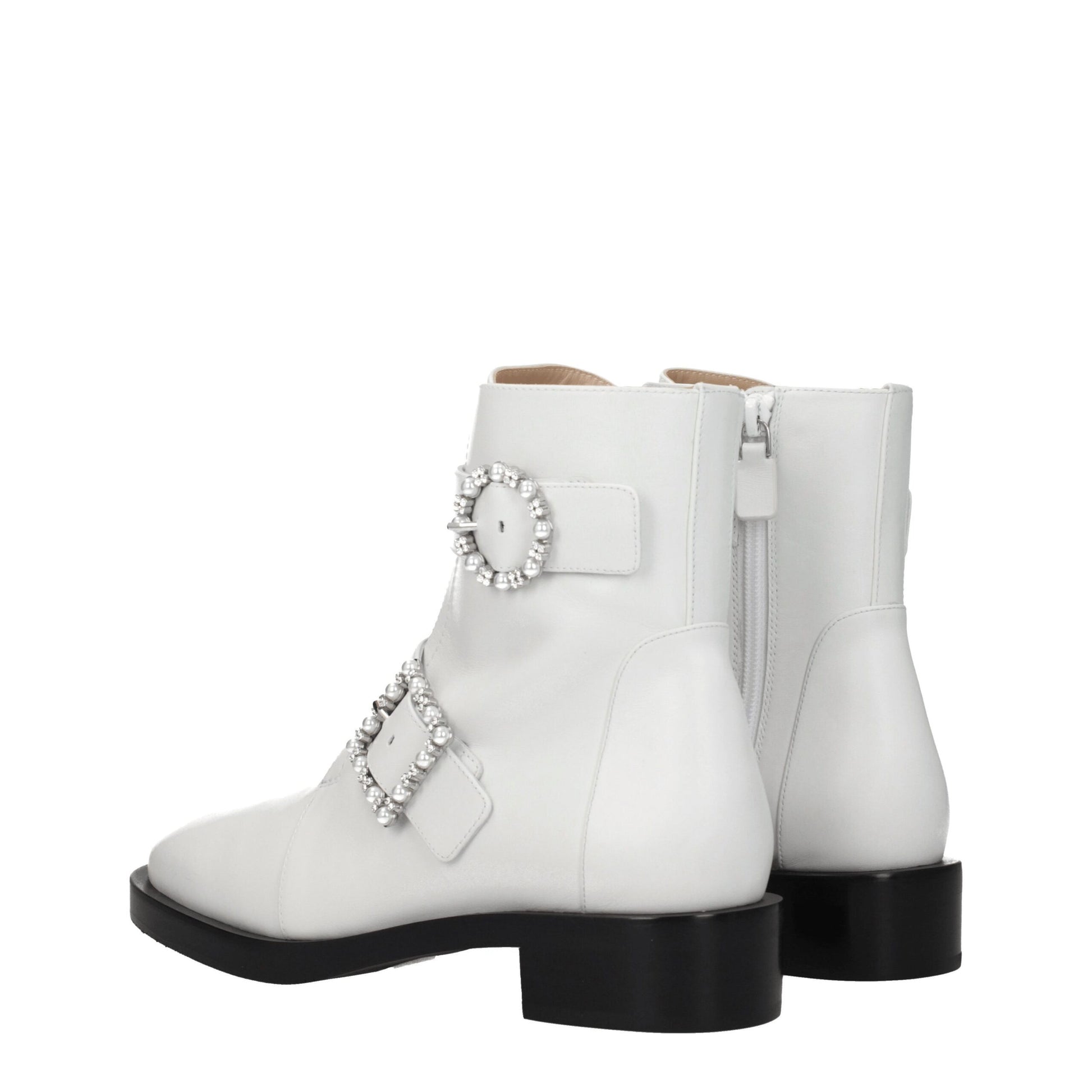 Stuart Weitzman White Leather Ankle Boots with Rhinestone Detail