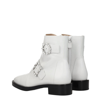 Stuart Weitzman White Leather Ankle Boots with Rhinestone Detail