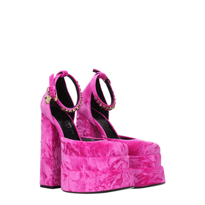 Versace Pink Velvet Sandal - Fuchsia High Heels with Rhinestone Detail