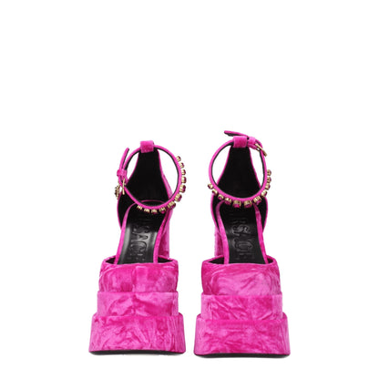 Versace Pink Velvet Sandal - Fuchsia High Heels with Rhinestone Detail