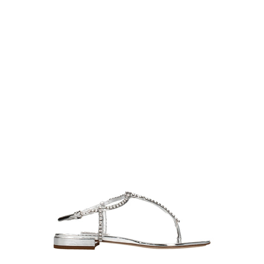 Miu Miu Gray Leather Flip-Flop Sandal with Rhinestones