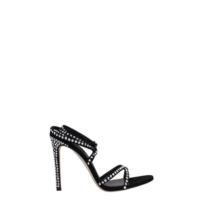 Paris Texas Black Leather Sandal with Rhinestones