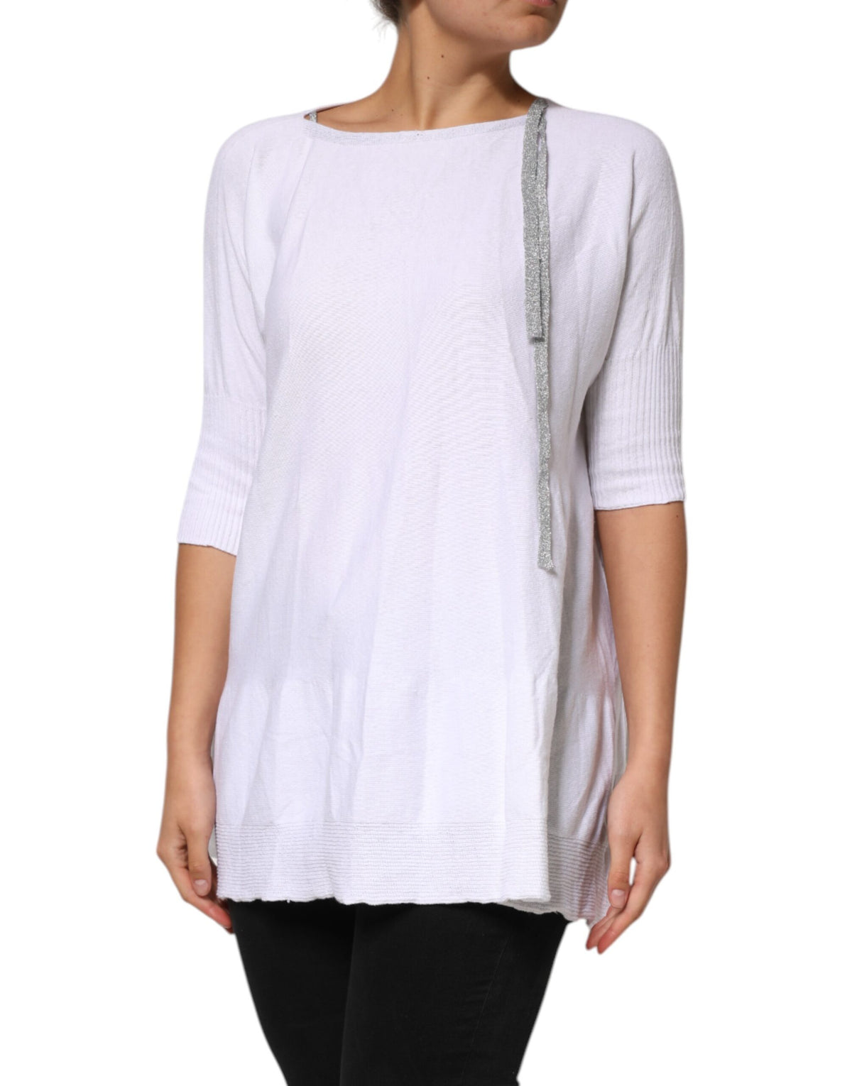 PINK MEMORIES White Cotton Short Sleeves Round Neck Blouse Top