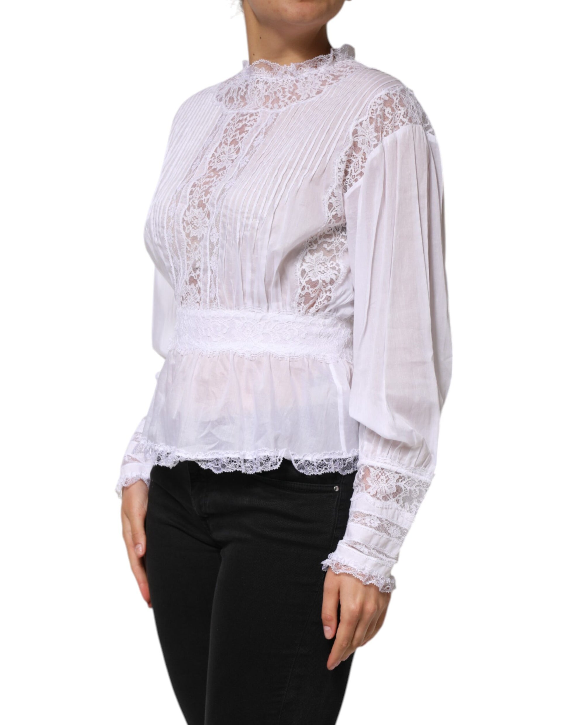 Dolce & Gabbana White Floral Lace Long Sleeves Top