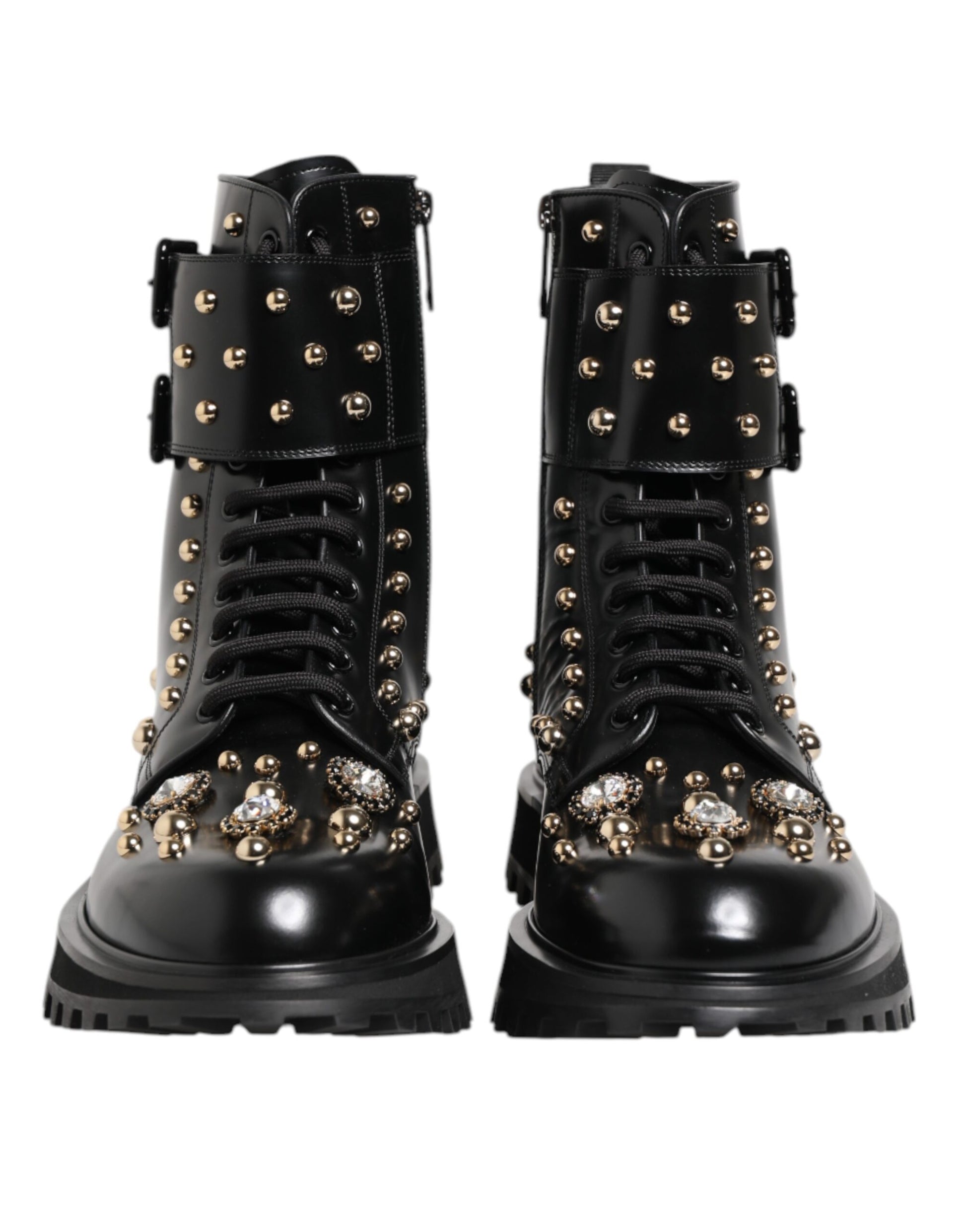 Dolce & Gabbana Black Studded Lace Up Mid Calf Boots