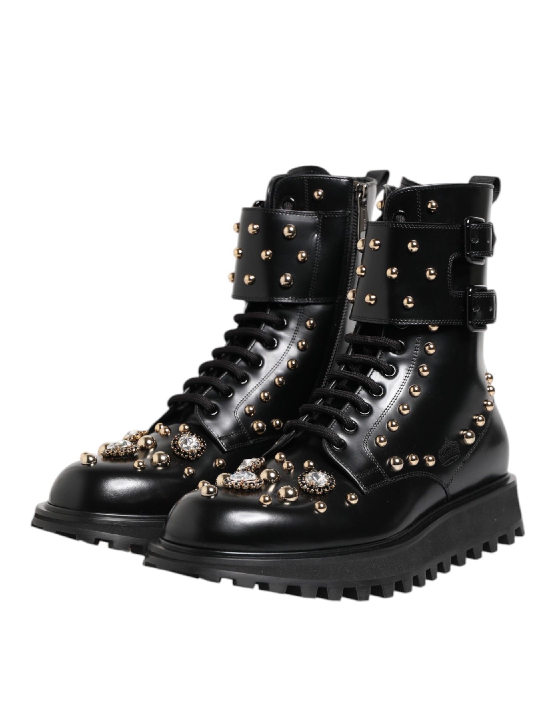 Dolce & Gabbana Black Studded Lace Up Mid Calf Boots