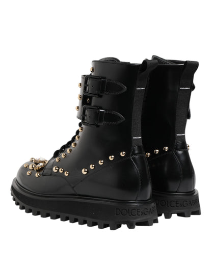 Dolce & Gabbana Black Studded Lace Up Mid Calf Boots