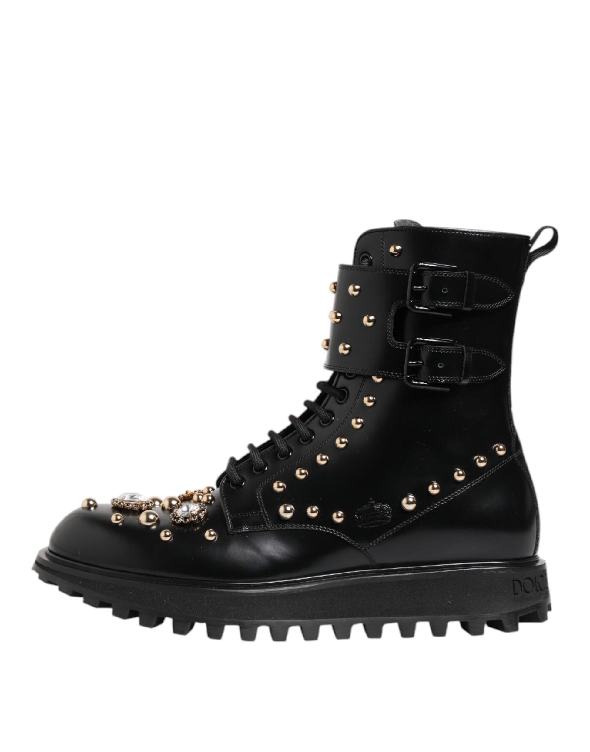 Dolce & Gabbana Black Studded Lace Up Mid Calf Boots