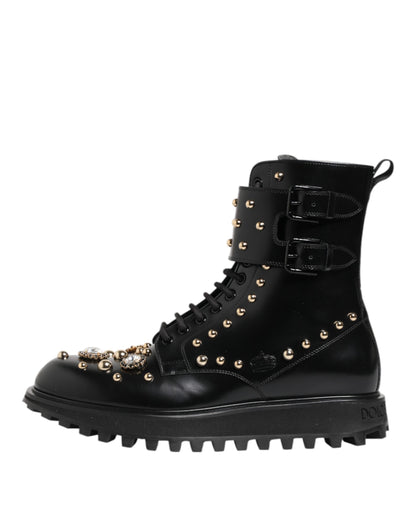 Dolce & Gabbana Black Studded Lace Up Mid Calf Boots