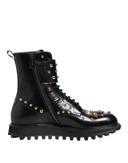 Dolce & Gabbana Black Studded Lace Up Mid Calf Boots