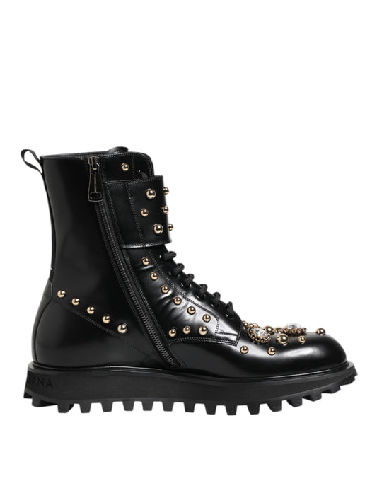 Dolce & Gabbana Black Studded Lace Up Mid Calf Boots