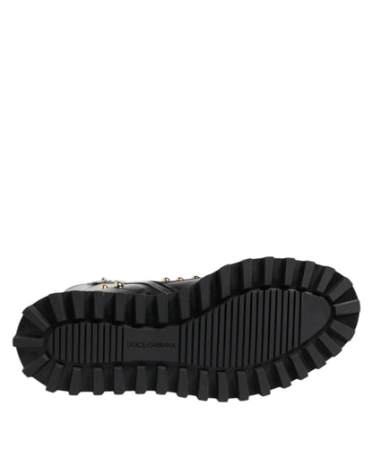 Dolce & Gabbana Black Studded Lace Up Mid Calf Boots