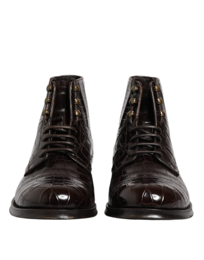Dolce & Gabbana Dark Brown Crocodile Leather Lace Up Short Boots