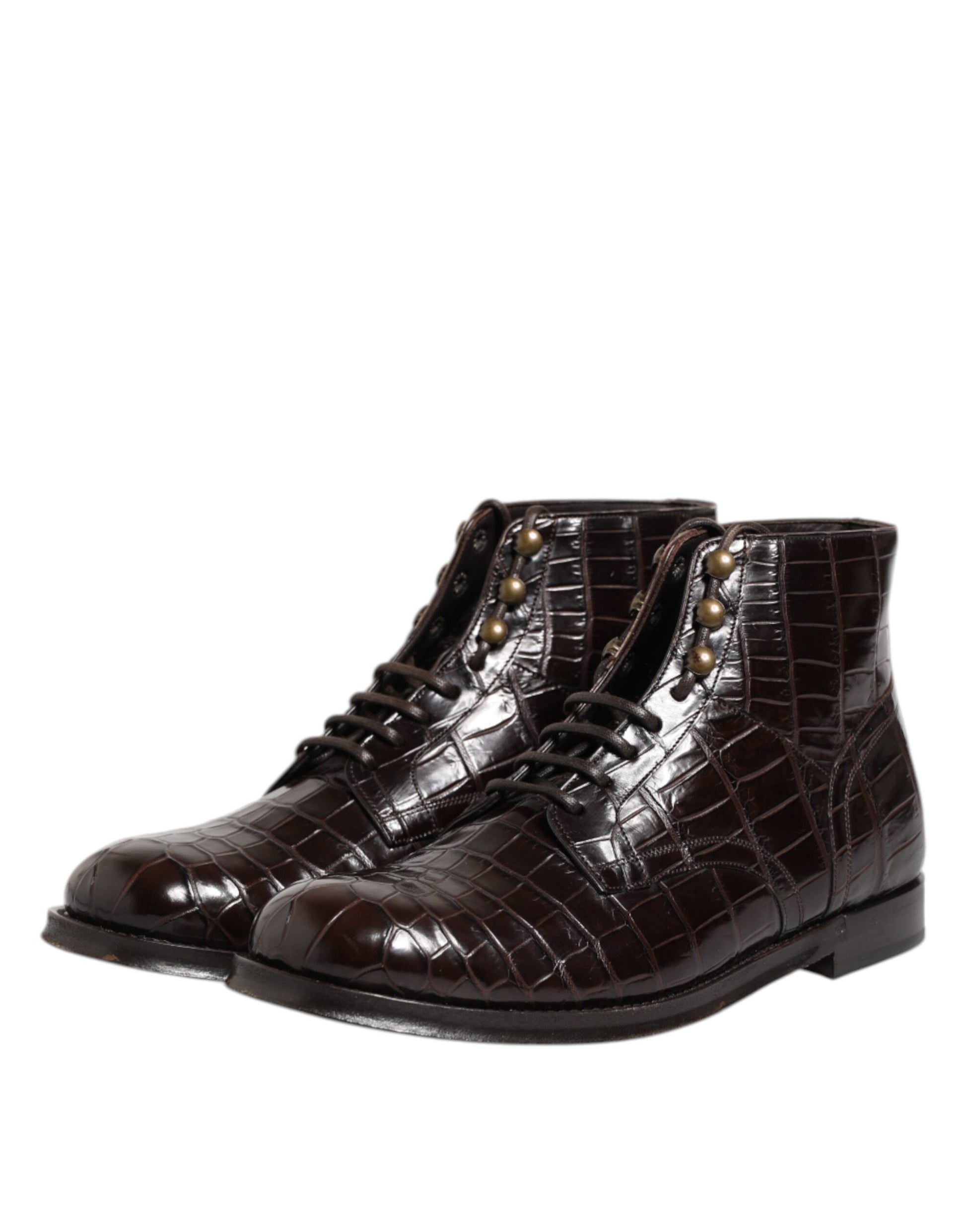 Dolce & Gabbana Dark Brown Crocodile Leather Lace Up Short Boots