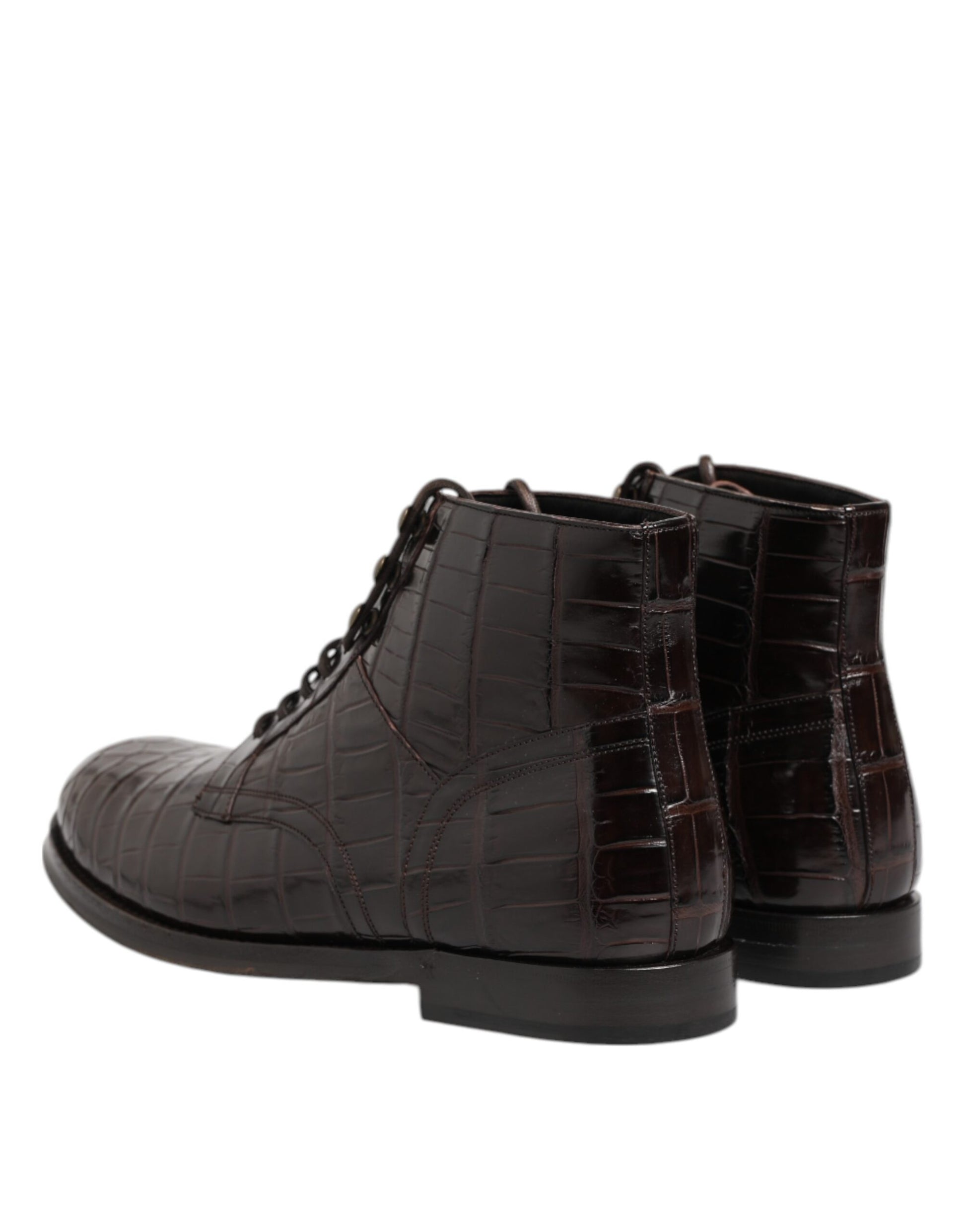 Dolce & Gabbana Dark Brown Crocodile Leather Lace Up Short Boots