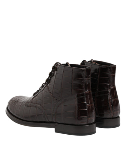 Dolce & Gabbana Dark Brown Crocodile Leather Lace Up Short Boots