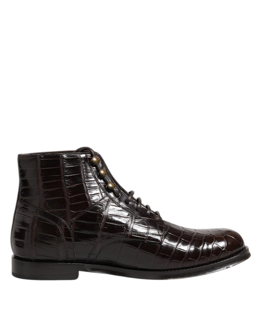 Dolce & Gabbana Dark Brown Crocodile Leather Lace Up Short Boots