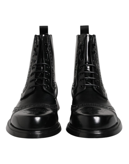 Dolce & Gabbana Black Leather Lace Up Mid Calf Boots