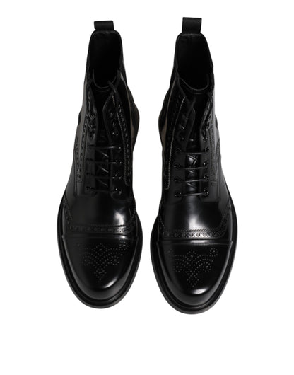 Dolce & Gabbana Black Leather Lace Up Mid Calf Boots