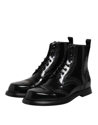Dolce & Gabbana Black Leather Lace Up Mid Calf Boots