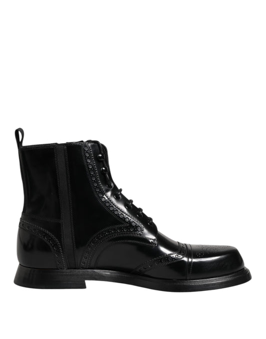 Dolce & Gabbana Black Leather Lace Up Mid Calf Boots