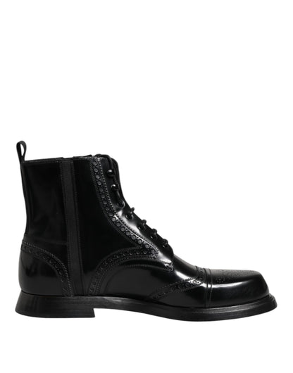 Dolce & Gabbana Black Leather Lace Up Mid Calf Boots
