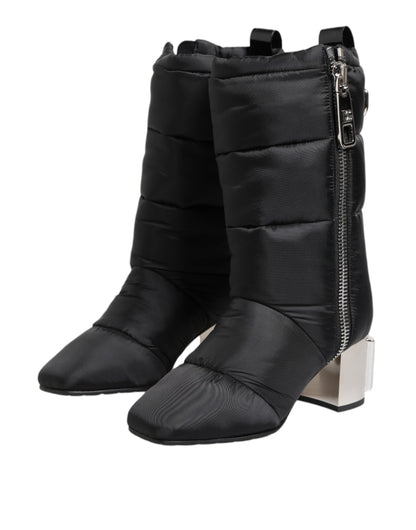 Dolce & Gabbana Black Padded Mid Calf Logo Heel Boots