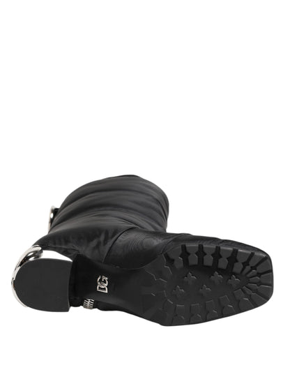 Dolce & Gabbana Black Padded Mid Calf Logo Heel Boots