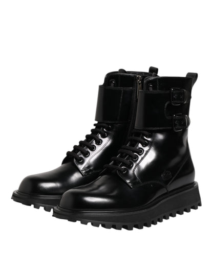 Dolce & Gabbana Black Leather Lace Up Mid Calf Boots