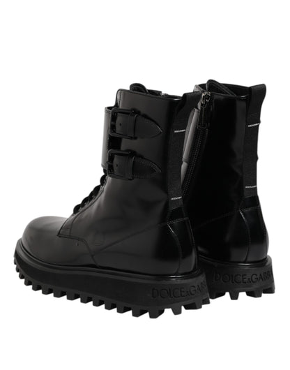 Dolce & Gabbana Black Leather Lace Up Mid Calf Boots