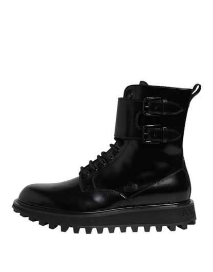Dolce & Gabbana Black Leather Lace Up Mid Calf Boots