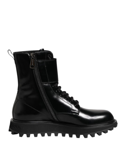 Dolce & Gabbana Black Leather Lace Up Mid Calf Boots