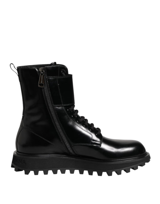 Dolce & Gabbana Black Leather Lace Up Mid Calf Boots