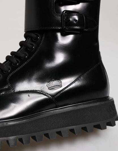 Dolce & Gabbana Black Leather Lace Up Mid Calf Boots