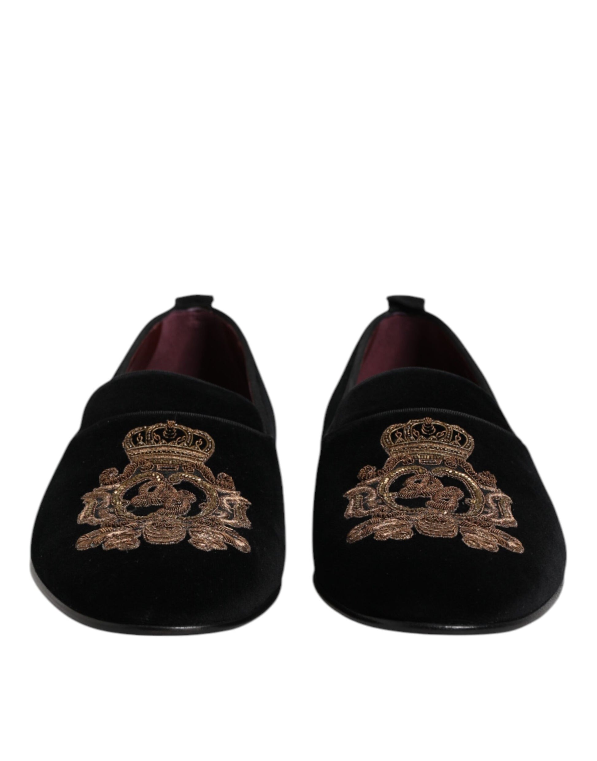 Dolce & Gabbana Black Velvet Gold Crown Mens Loafers