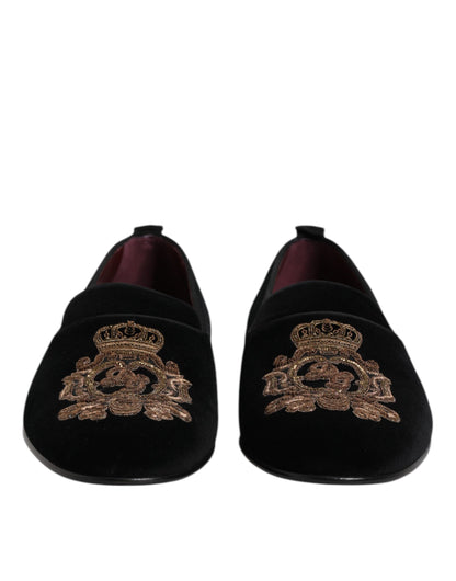 Dolce & Gabbana Black Velvet Gold Crown Mens Loafers